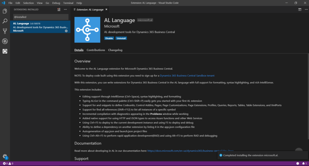Install and Setup al language in VSC for microsoft Dynamics 365 Business Central