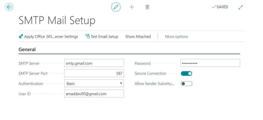 setting gmail smtp for dynamics 365 business central